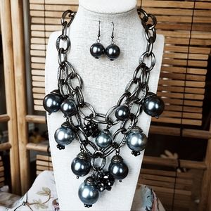 Huge Faux Black Grey Pearls Bauble Necklace and Earrings Set Gunmetal Unsigned